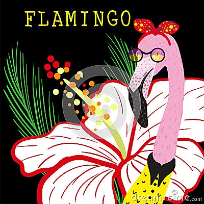 Portrait of Hipster flamingo Vector Illustration